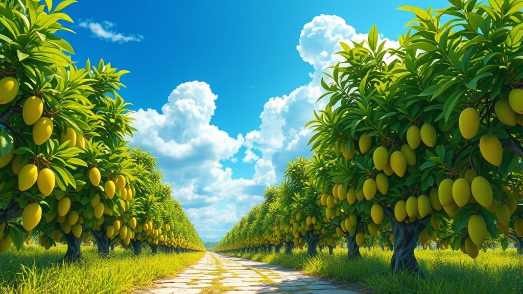 Sunlit Green Mango Orchard in Digital Painting Style