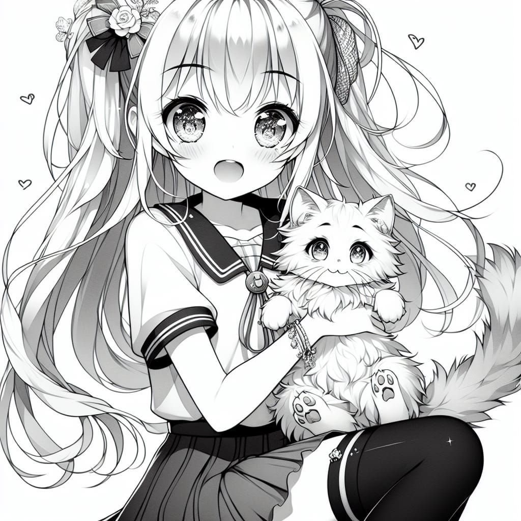 Anime Girl Cradling Cat in Sporty Outfit