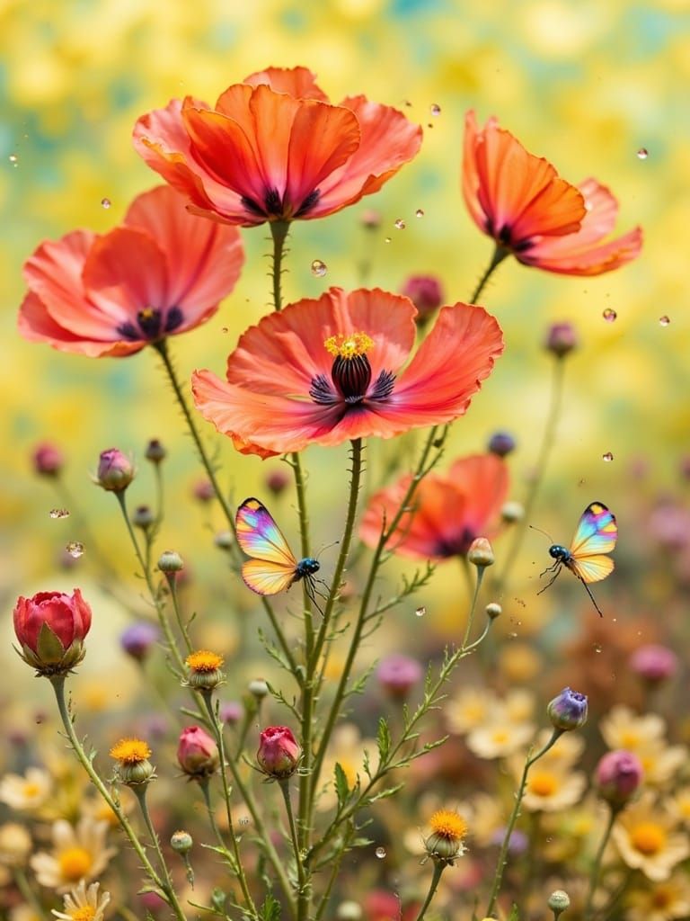 Poppy Field at Sunrise with Dragonflies