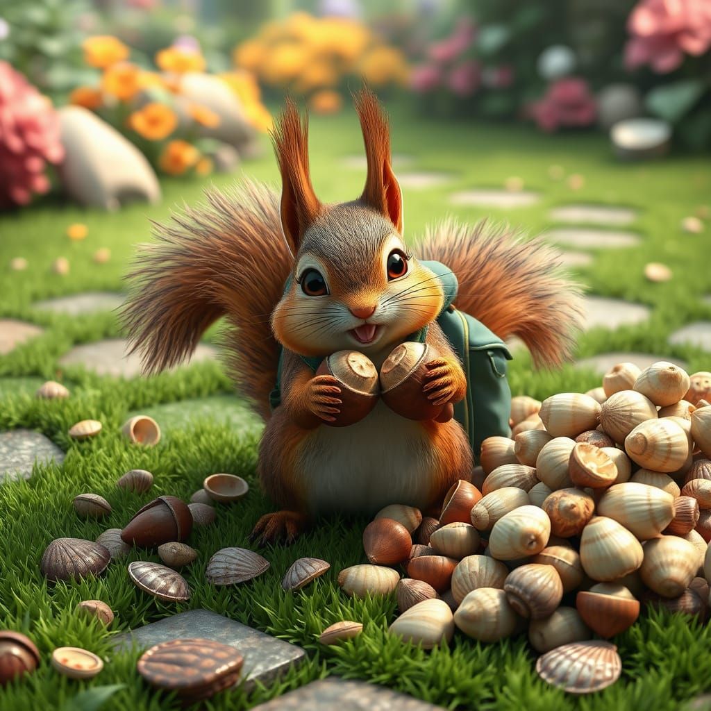 Squirrel's Acorn Feast in Emerald Garden: Anime 3D Art