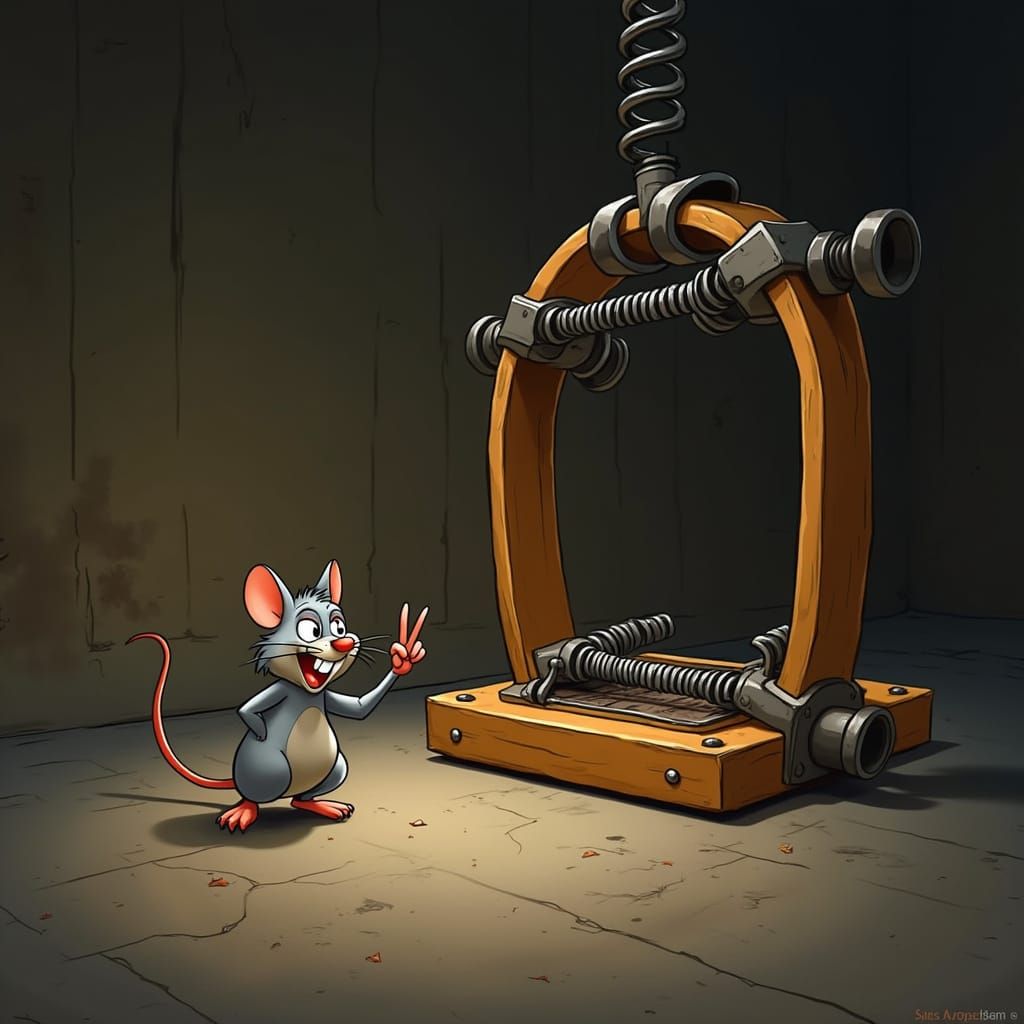 Cartoonish Mousetrap Teeters Over Peaceful Mouse