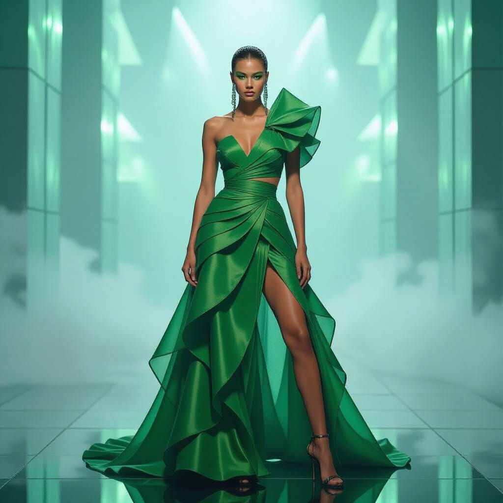 Celestial Chamber Portrait of Fierce Model in Green Dress
