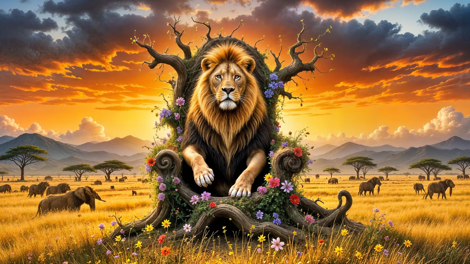 Lion King on Floral Throne at Sunset