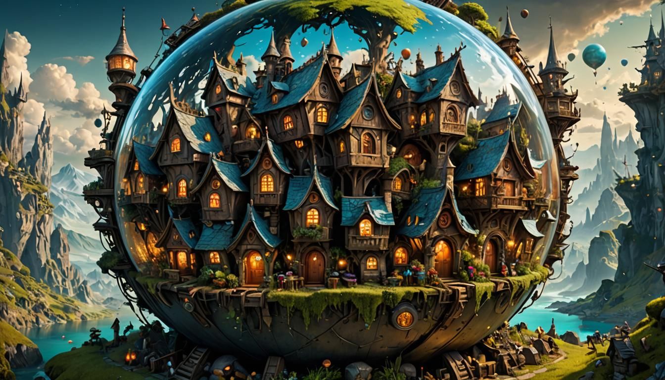 Intricate Fairy Village Inside Android, Fantasy Art