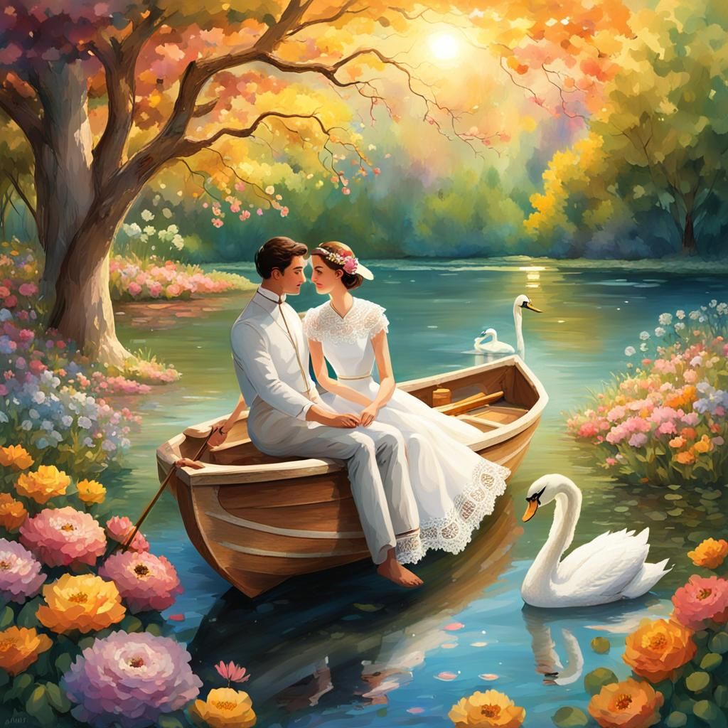 Couple Boating on Lake with Swan and Flowers