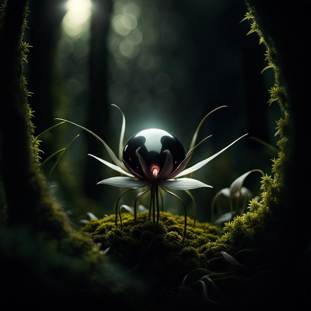 Surreal Spider Flower in Dark Garden, Digital Art