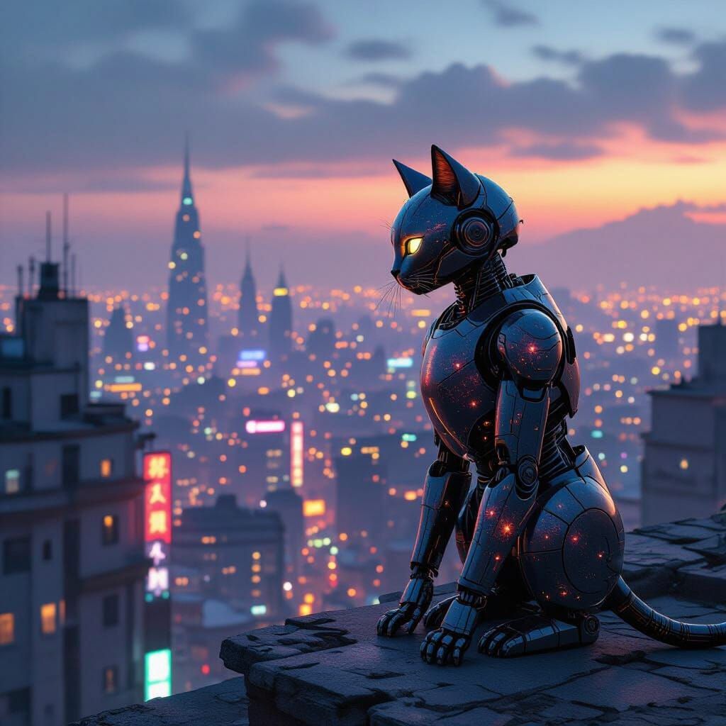 Robot Cat Overlooks Neon Cityscape at Dusk