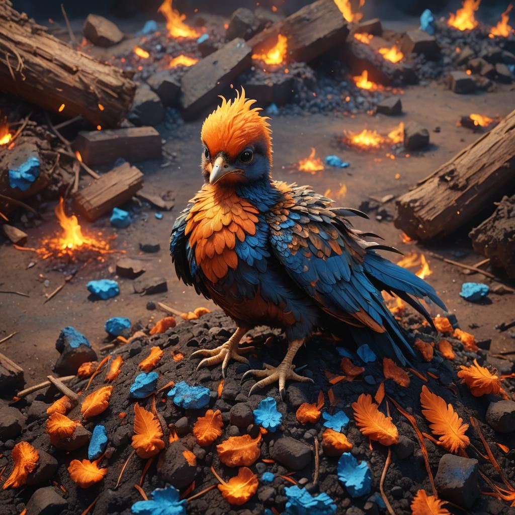 Cute Baby Phoenix Chick on Ashes
