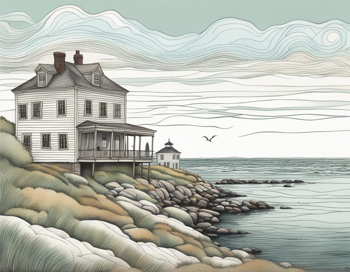 Whimsical New England Ocean View in Pen and Ink