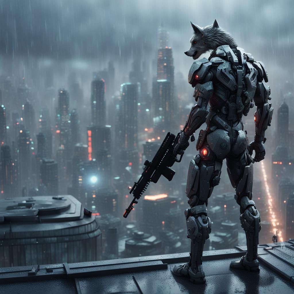 Cyberpunk Werewolf Warrior Overlooking Rainy City