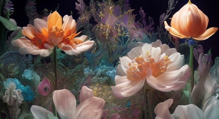 Bioluminescent Stained Glass Flower Fantasy: Hyperdetailed D...