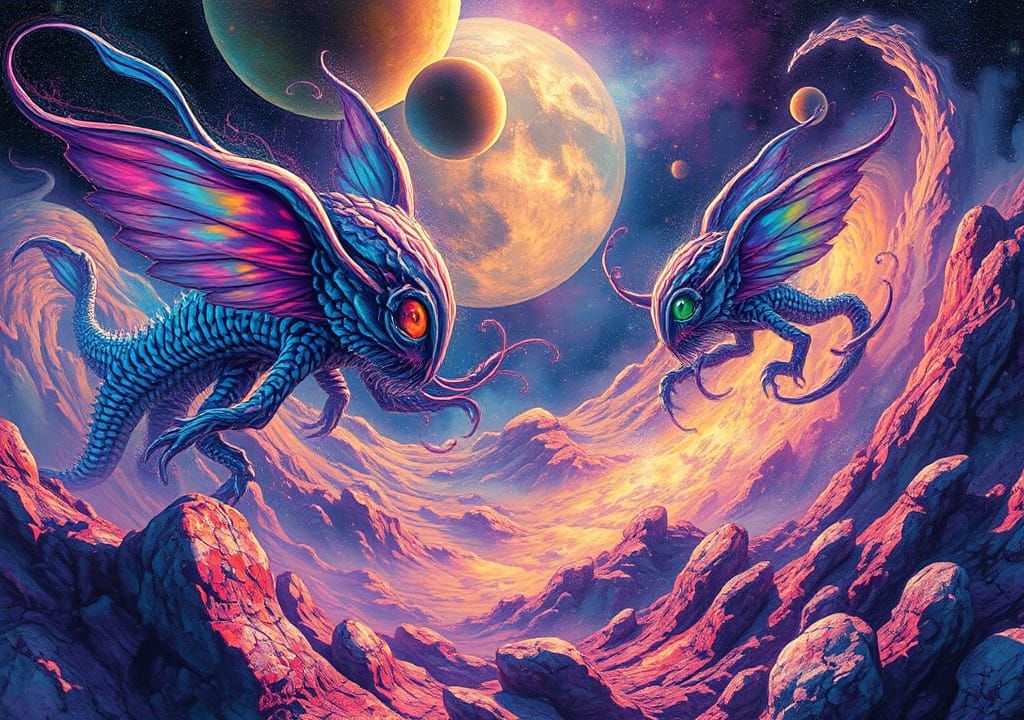 Iridescent Alien Creatures in a Holographic Cosmic Illustrat...