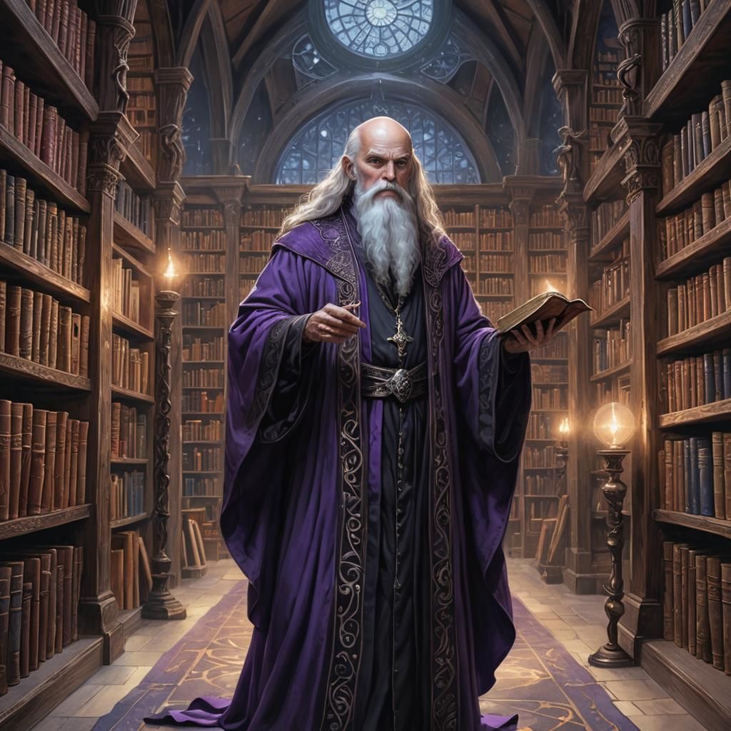 Older human male force wizard. Bald head with long white bea...