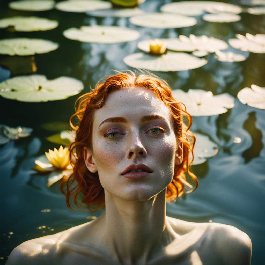 Redhead Nymph in Water Lily Lake, Cinematic Still