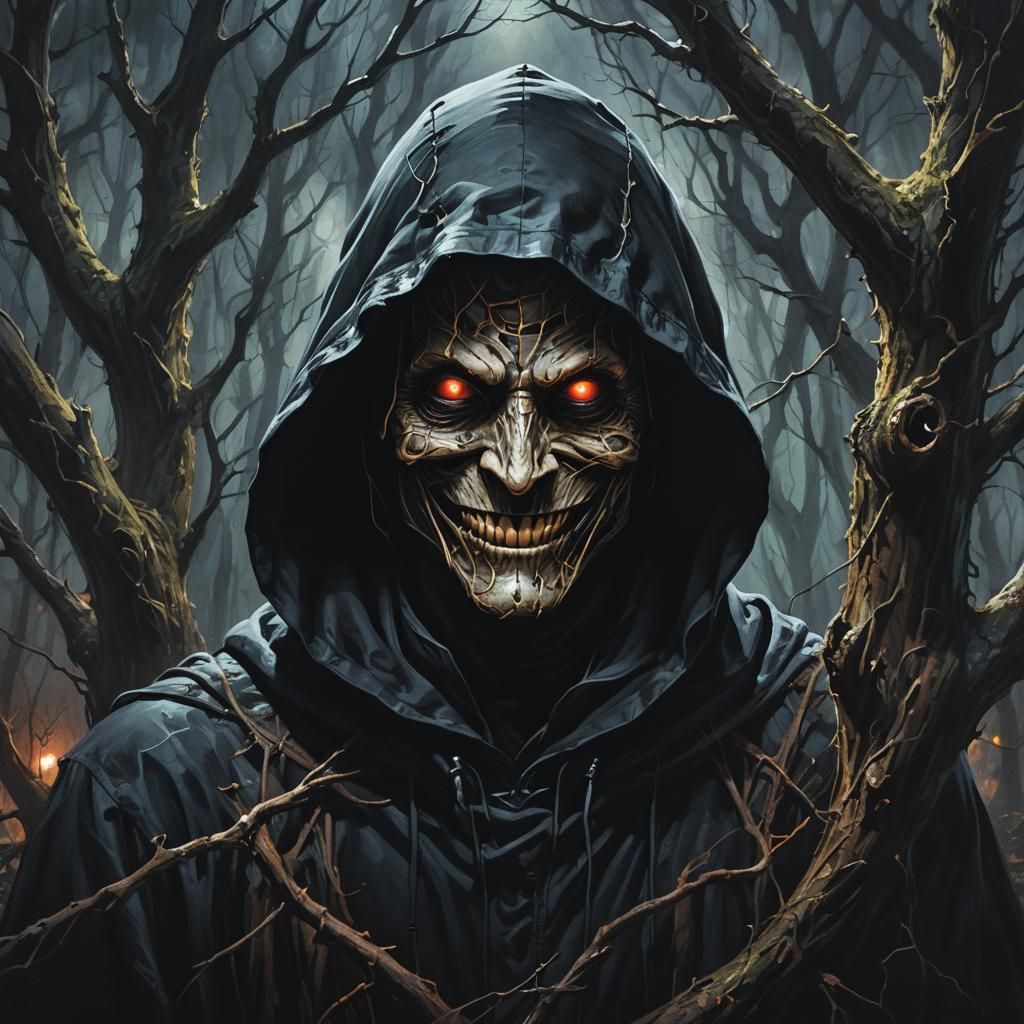 Ominous Hooded Figure in Dark Gothic Forest