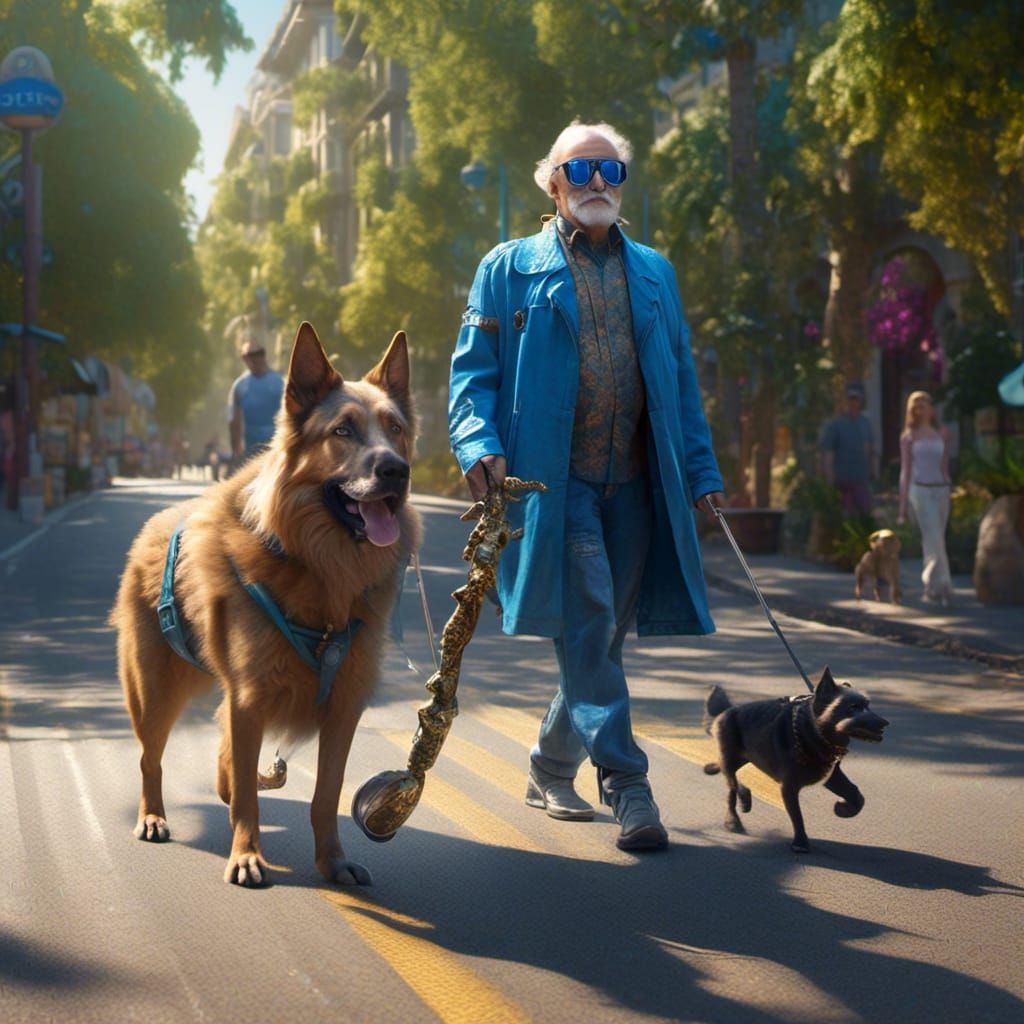 Blind Alien Walks Dog, Hyperreal Cinematic Still