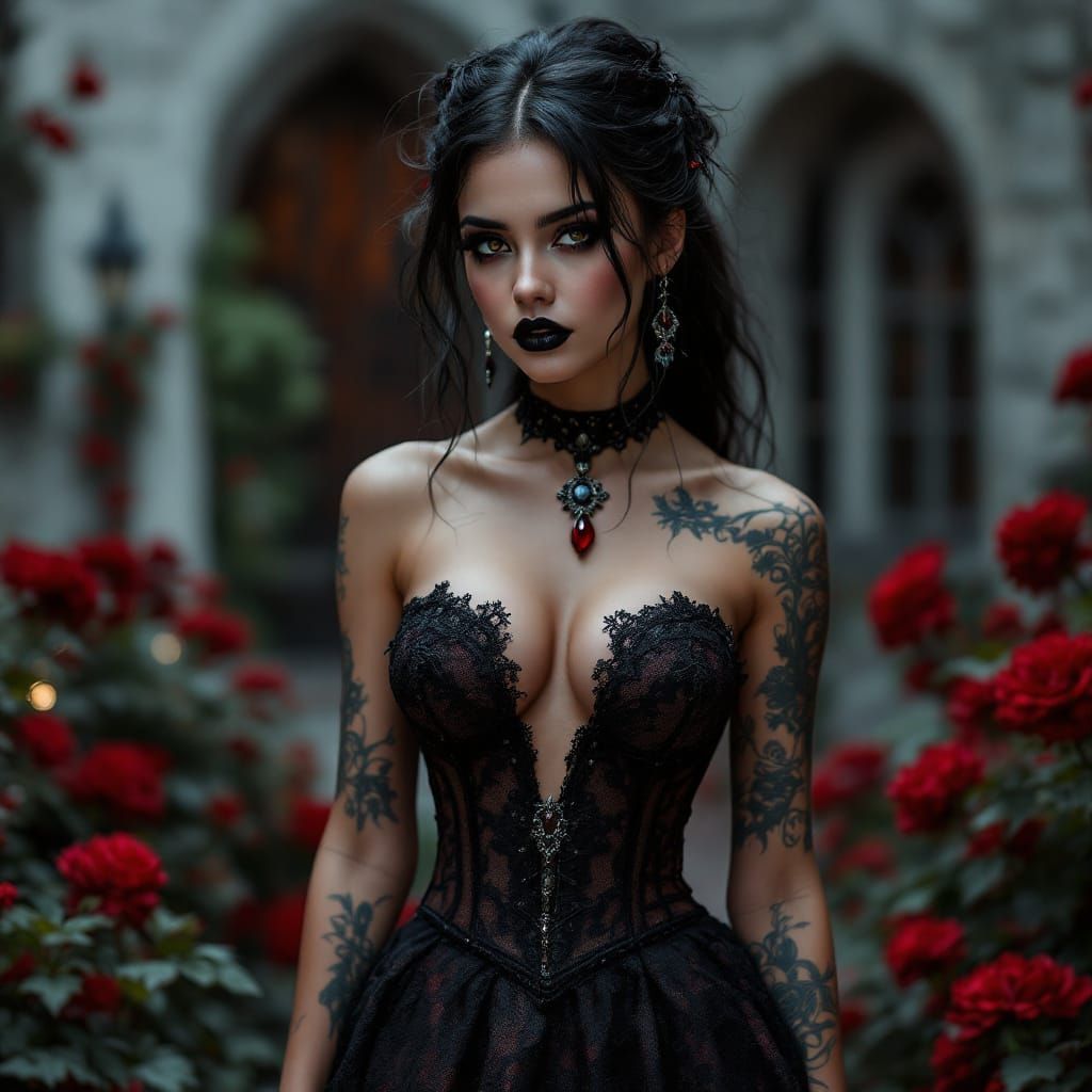 Goth Woman in Gothic Castle Courtyard