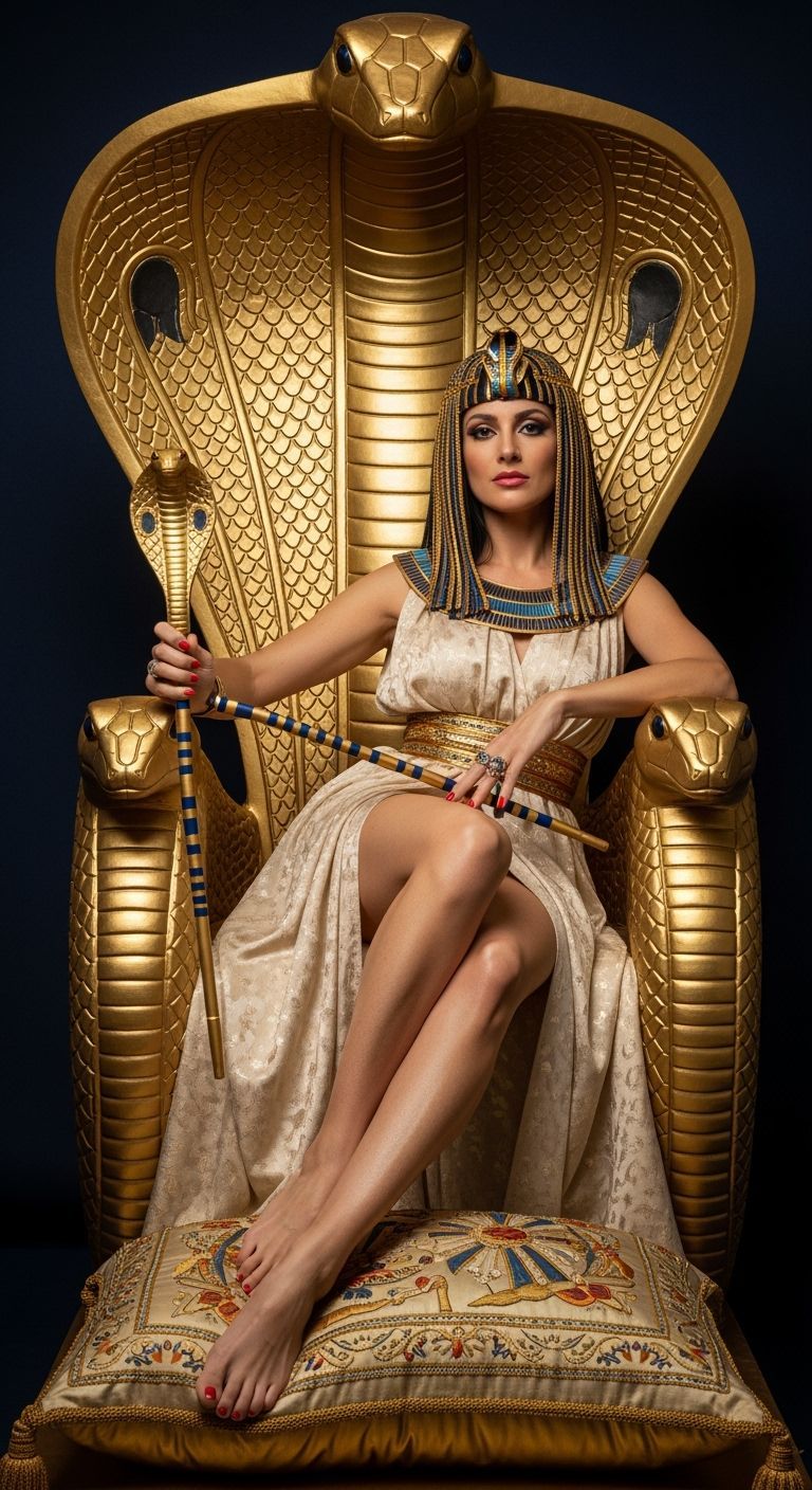 Regal Egyptian Queen on Golden Cobra Throne
