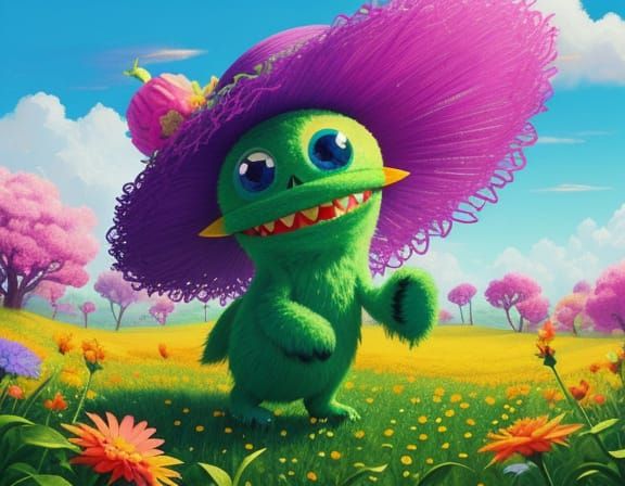 Whimsical Monster Dancing in Giant Flowers