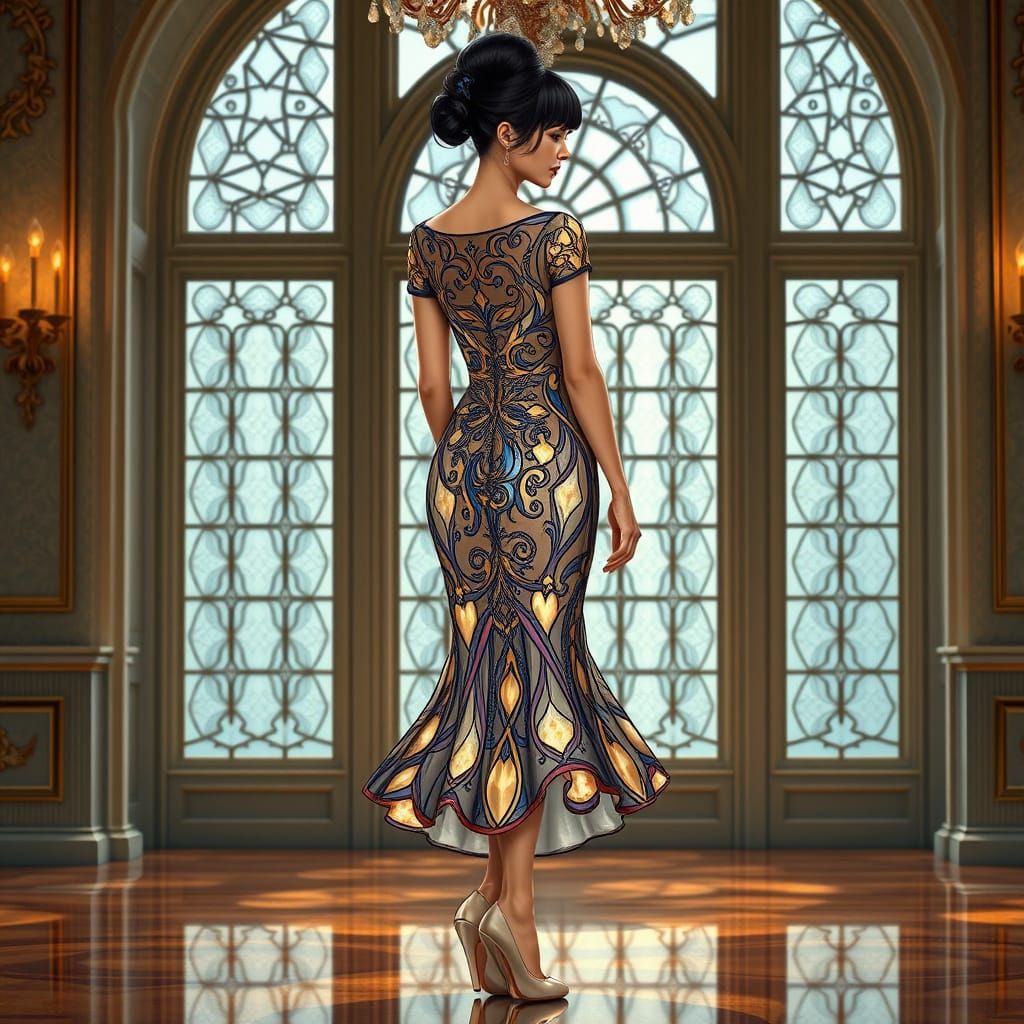 Art Nouveau Woman in Stained Glass Crystal Dress