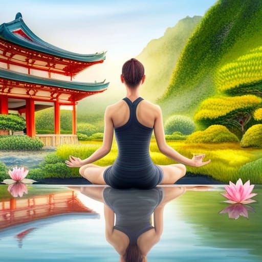 Yoga in Japanese Garden Watercolor Art