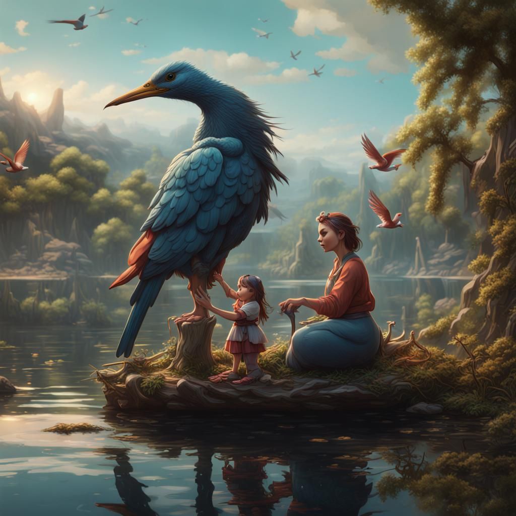 Lakeside Family Scene in Deep Color Fantasy Art