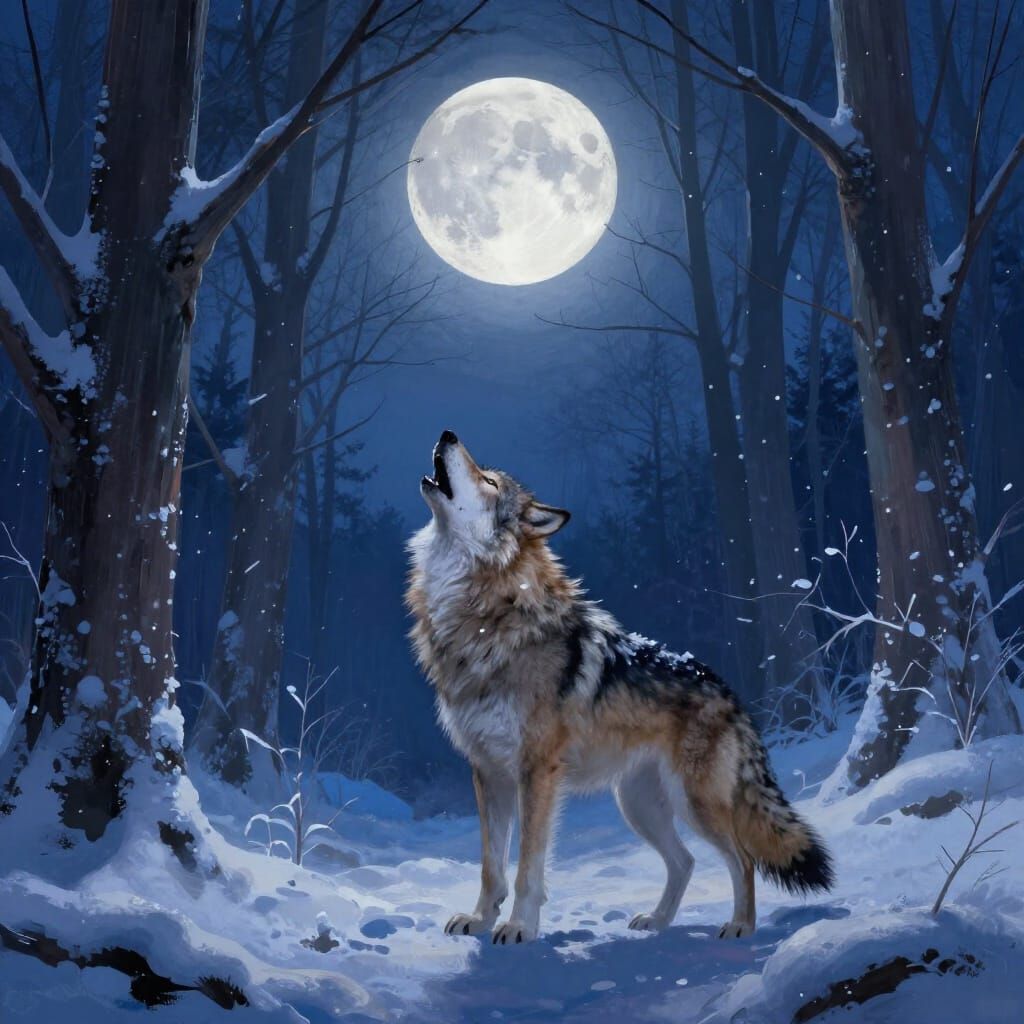 Mystical Wolf Howling at Moon in Snowy Forest Digital Painti...