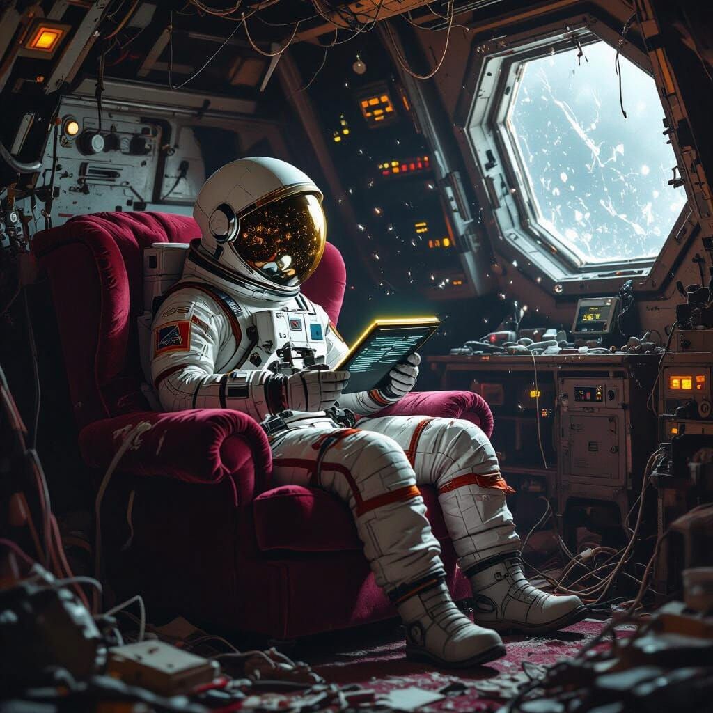 Astronaut Reading Data-Slate in Derelict Spaceship