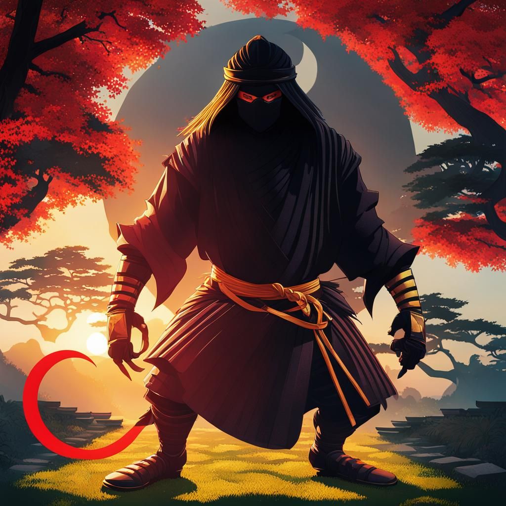 Samurai Ninja in Japanese Garden: Studio Trigger Anime