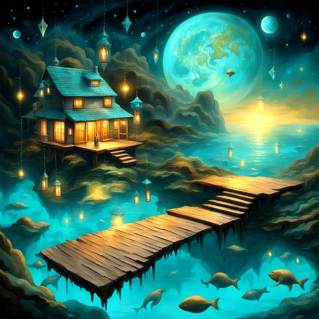 Surreal Dreamscape of Crystal Stars and Golden Moons