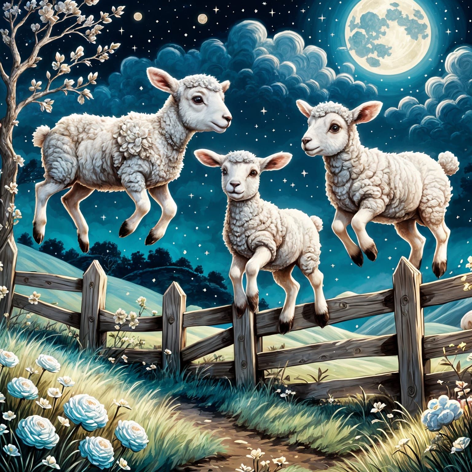 Kawaii Lambs Hopping in Moonlight: Fantasy Concept Art