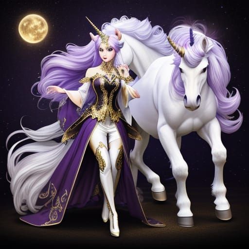 Fantasy Unicorn with Maiden in Simple Dress
