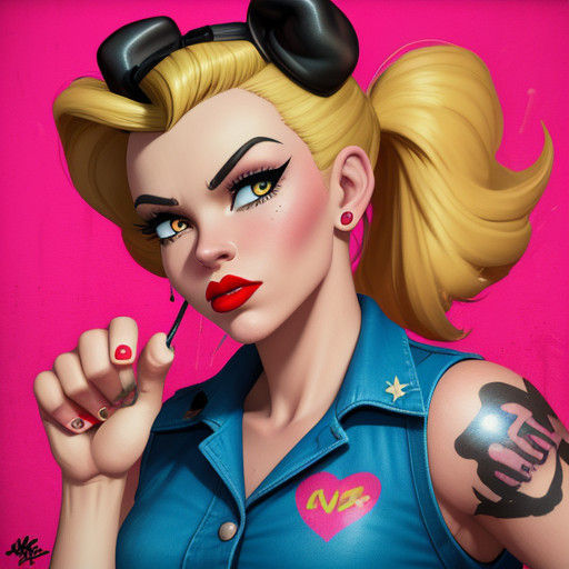 Sultry Rockabilly Rosie Riveter Forms Heart in Vibrant Graff...