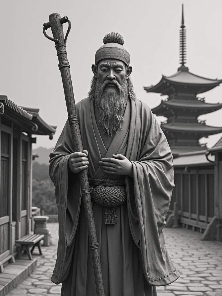 3D Japanese Monk with Temple in Stone Wall