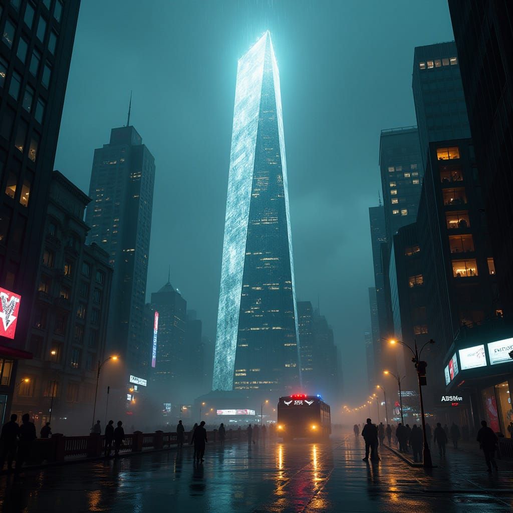 Futuristic Advertisement Illuminates Dark Metropolis in Neon...