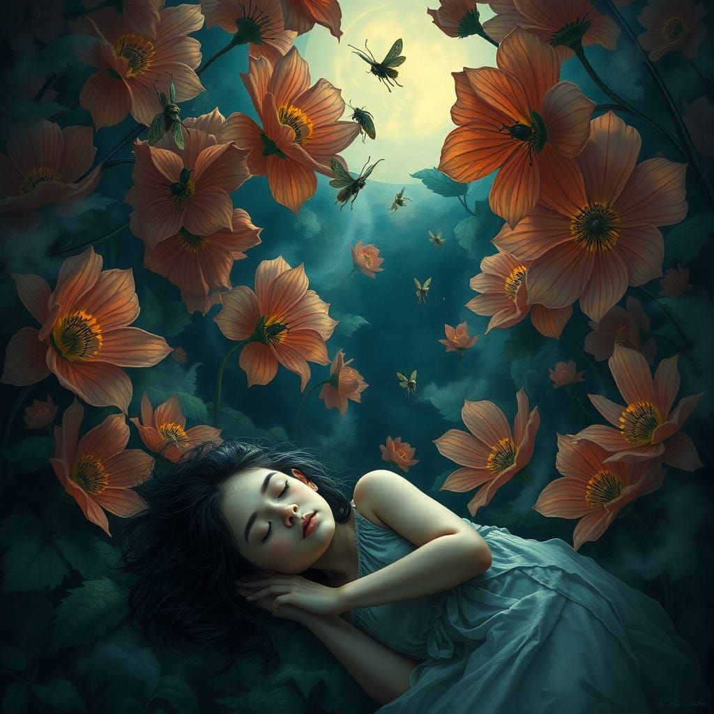 Ethereal Woman Sleeps Under Giant Flowers in Dark Fantasy St...