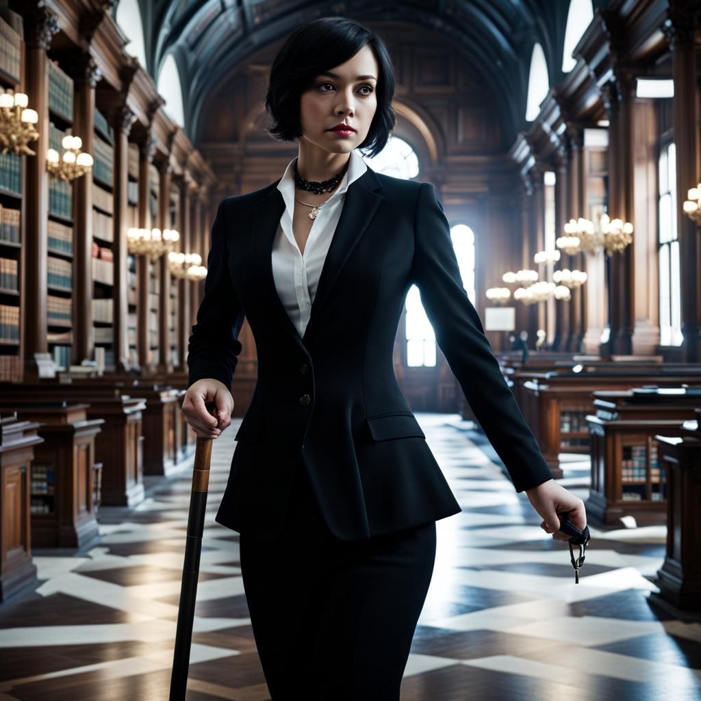 Mysterious Woman with Raven in Old Library