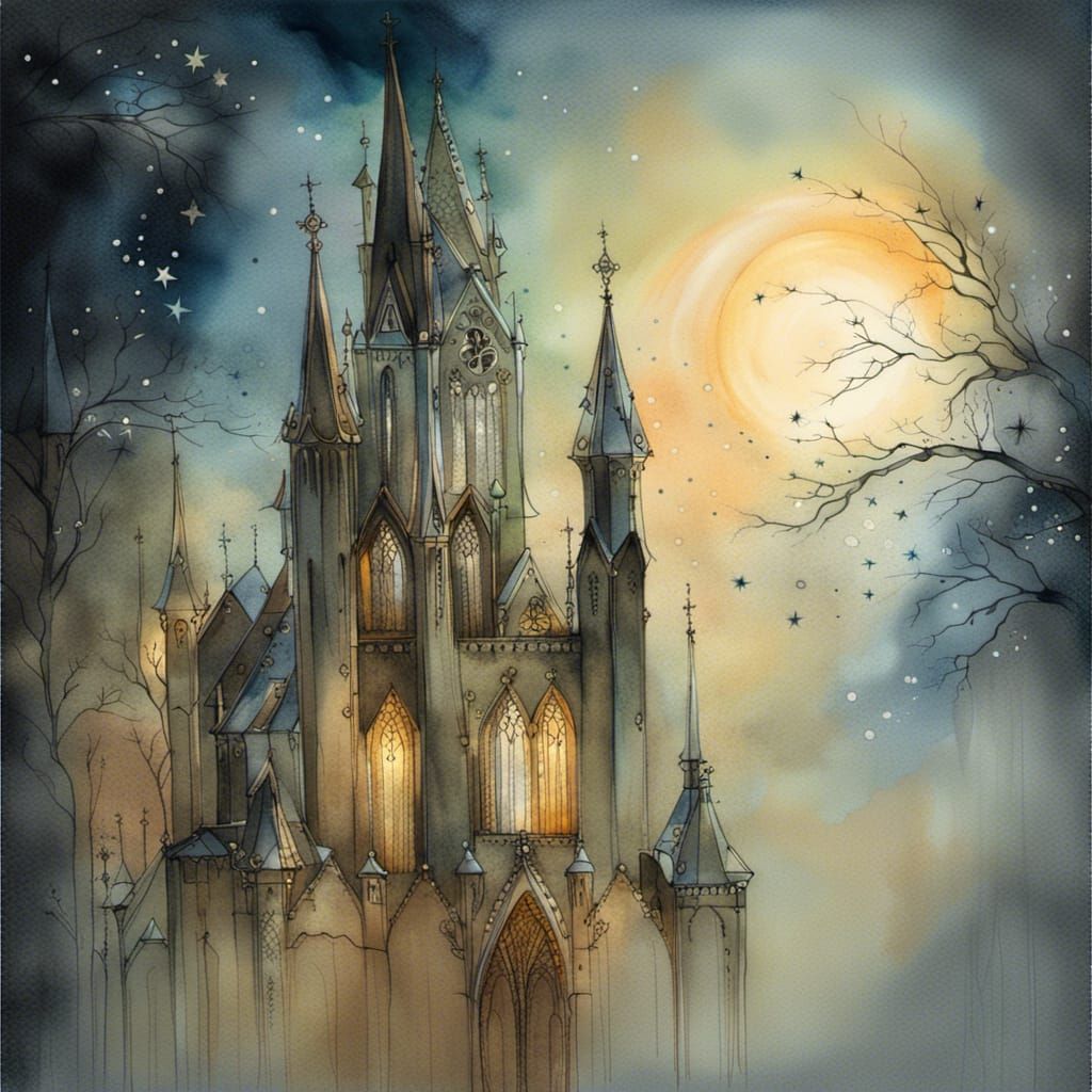 Enchanted Gothic Church at Night in Watercolor