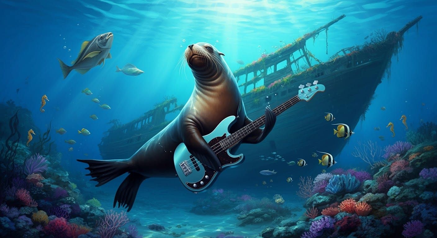 Sea Lion Plays Bass Guitar Underwater, Impasto Style