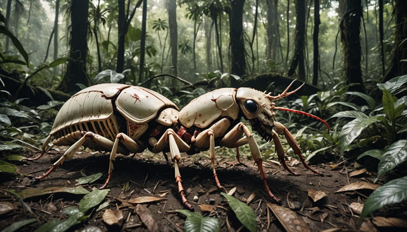 Giant Albino Insectoid Dung Beetle in Jungle Horror