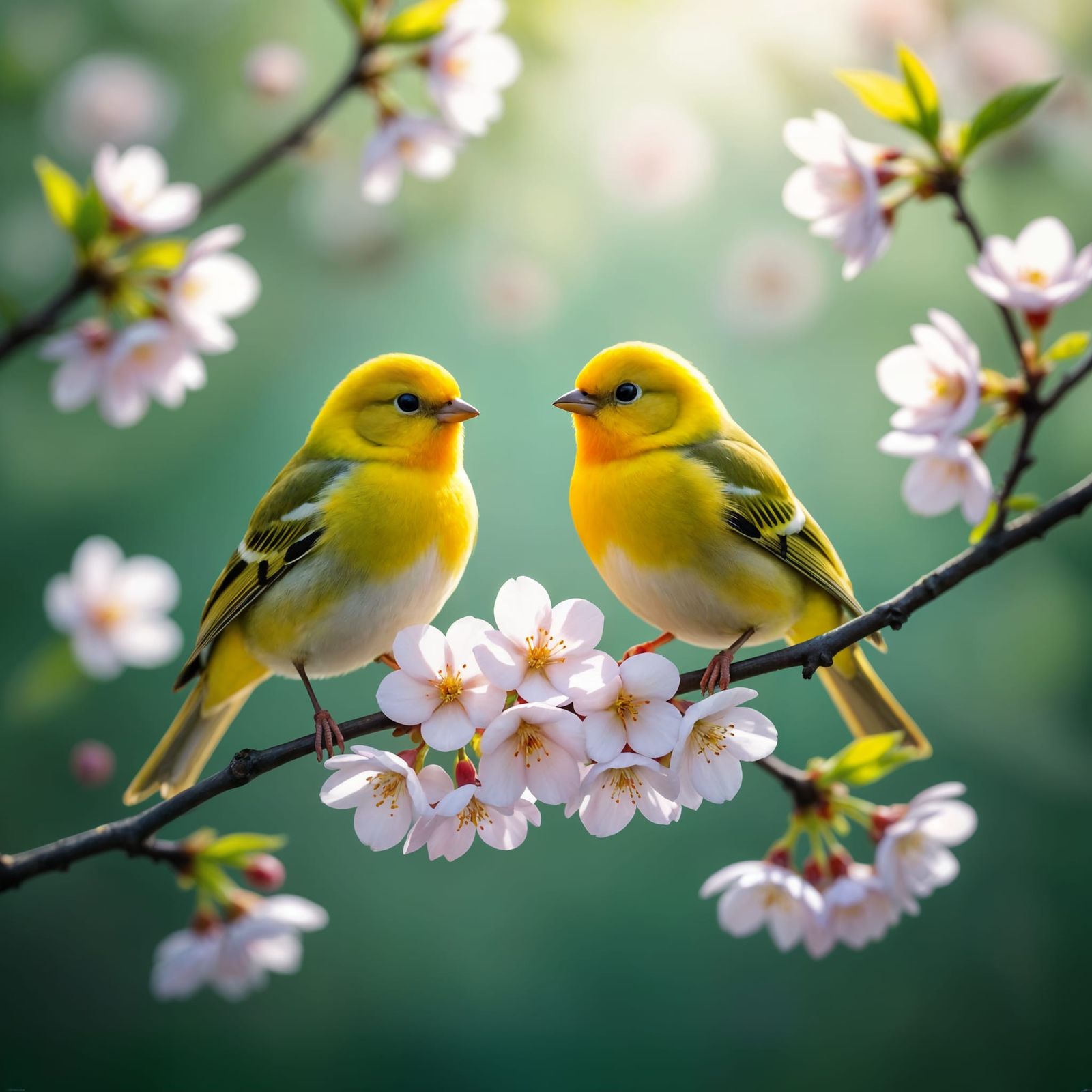 Two Canary Birds on Cherry Blossom Branch in Ethereal Forest