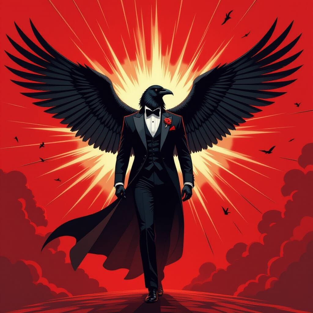 Giant Crow Against Exploding Red Background