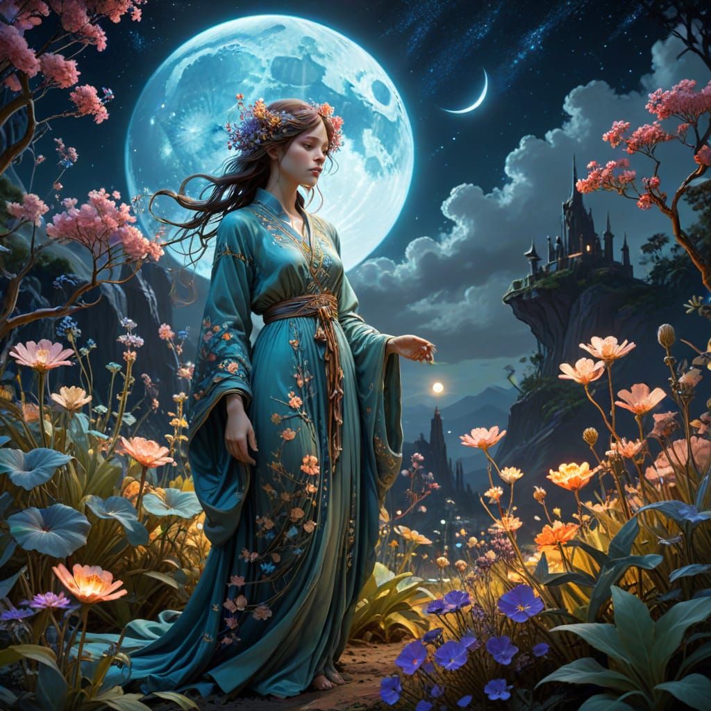 Celestial Gardener Among Bioluminescent Flora: Mucha Style
