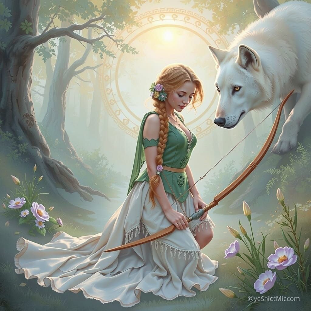 Celtic Huntress and White Wolf in Enchanted Forest