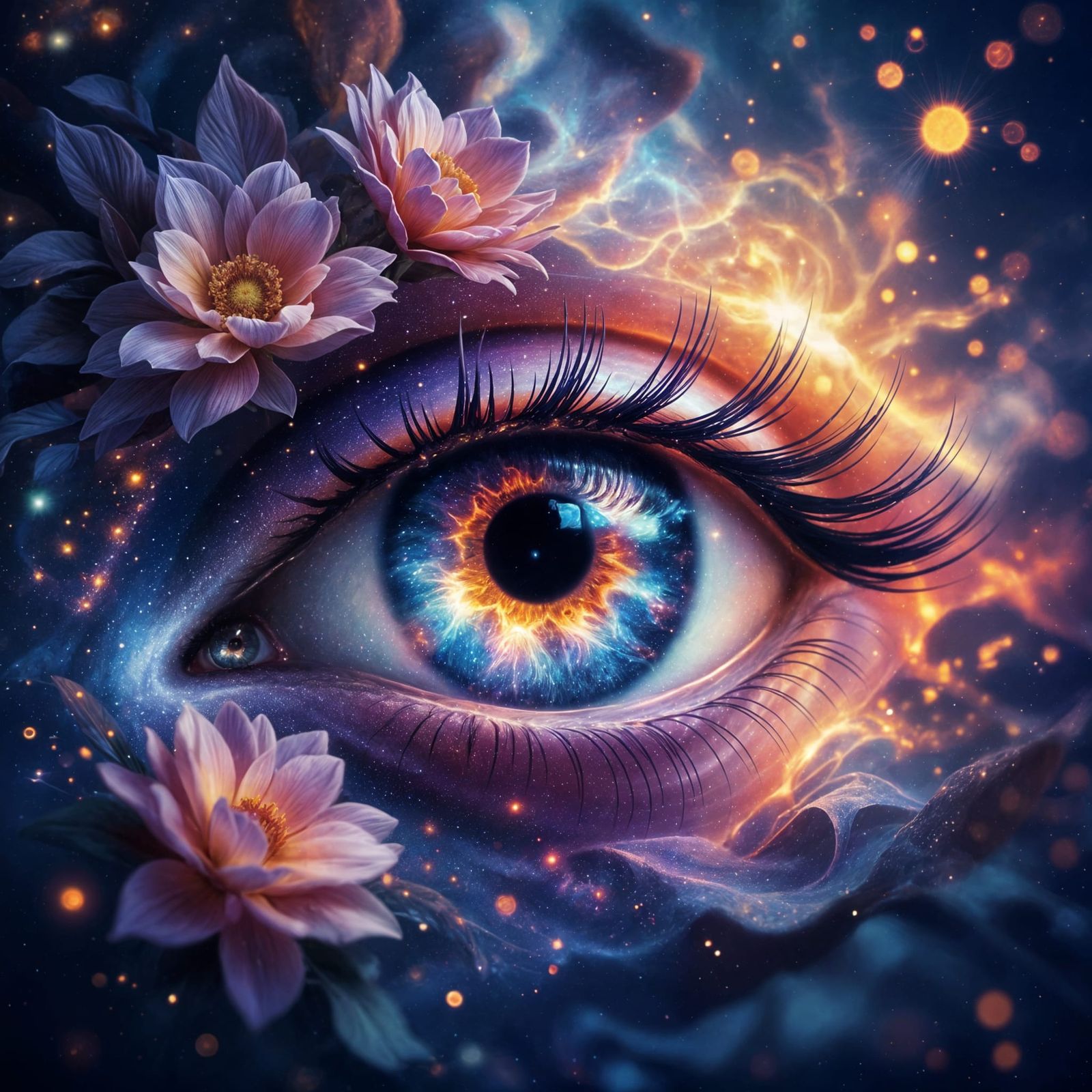 Cosmic Goddess Eye Nebula of Flowers and Galaxies