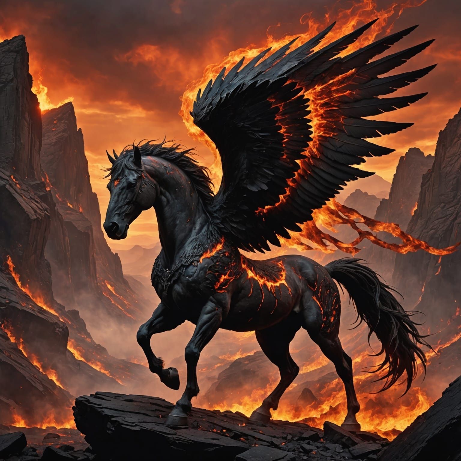 Infernal Pegasus with Charred Wings and Fiery Mane