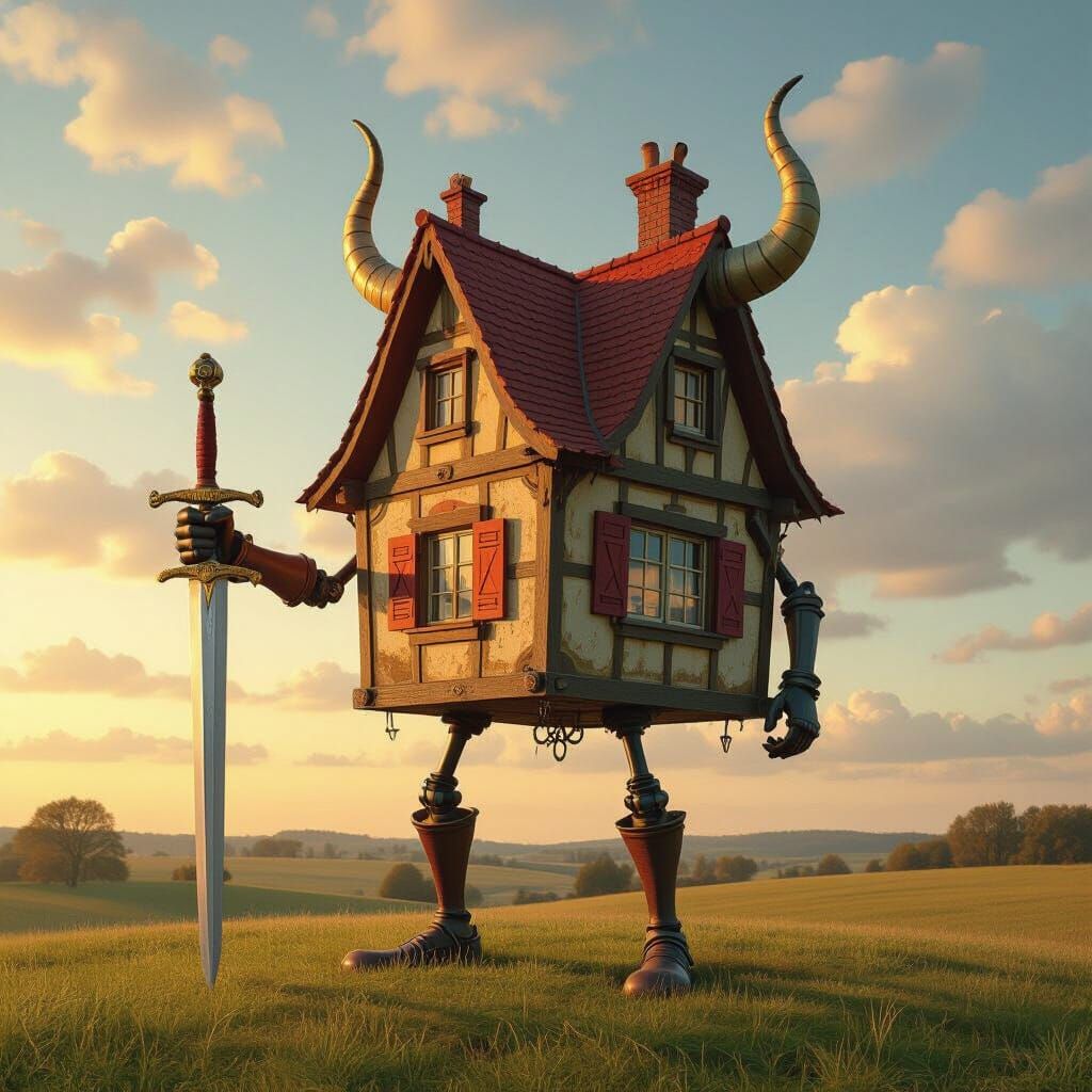 Whimsical House with Legs, Sword, and Horns in Surreal Style