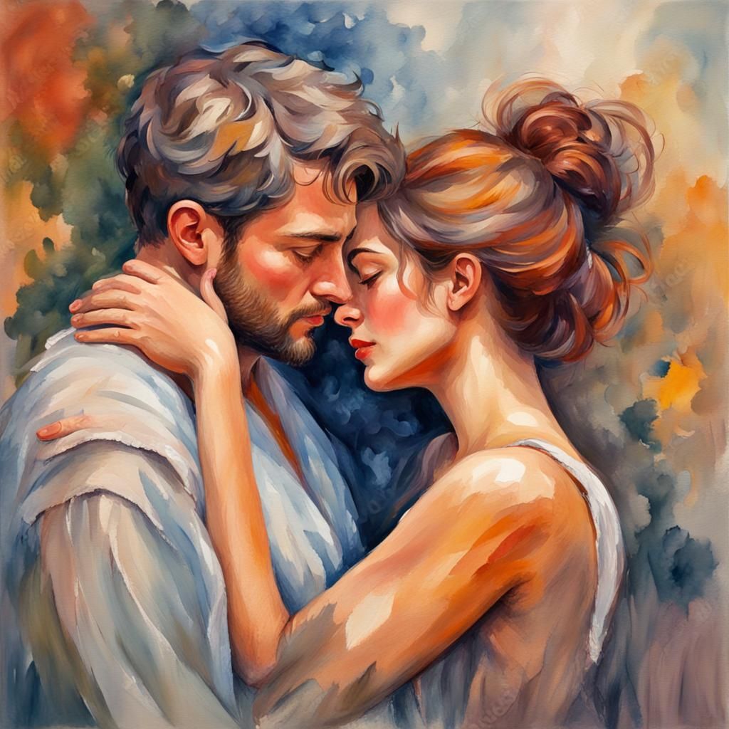 Embracing Lovers: Gouache and Watercolor Impressionist Paint...
