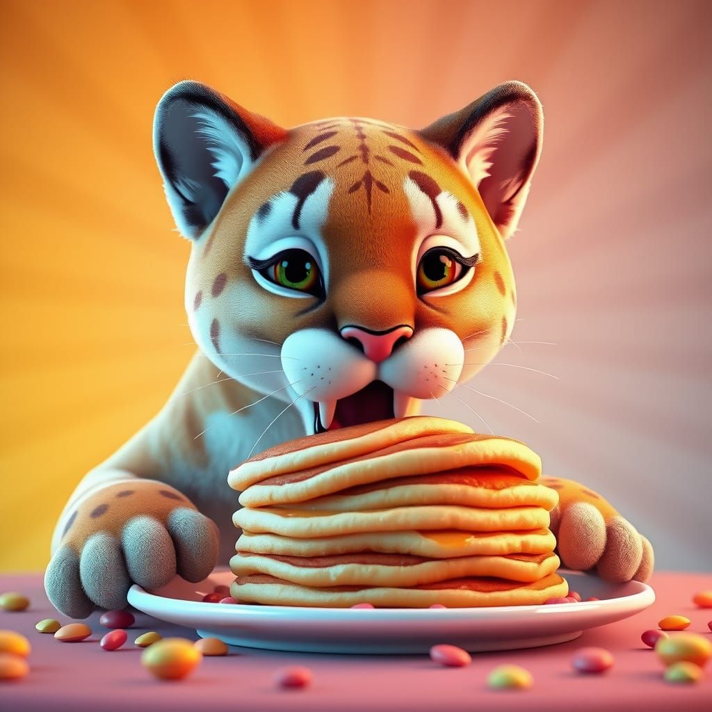 Whimsical Cougar Devours Pancakes in a Dreamlike Scene