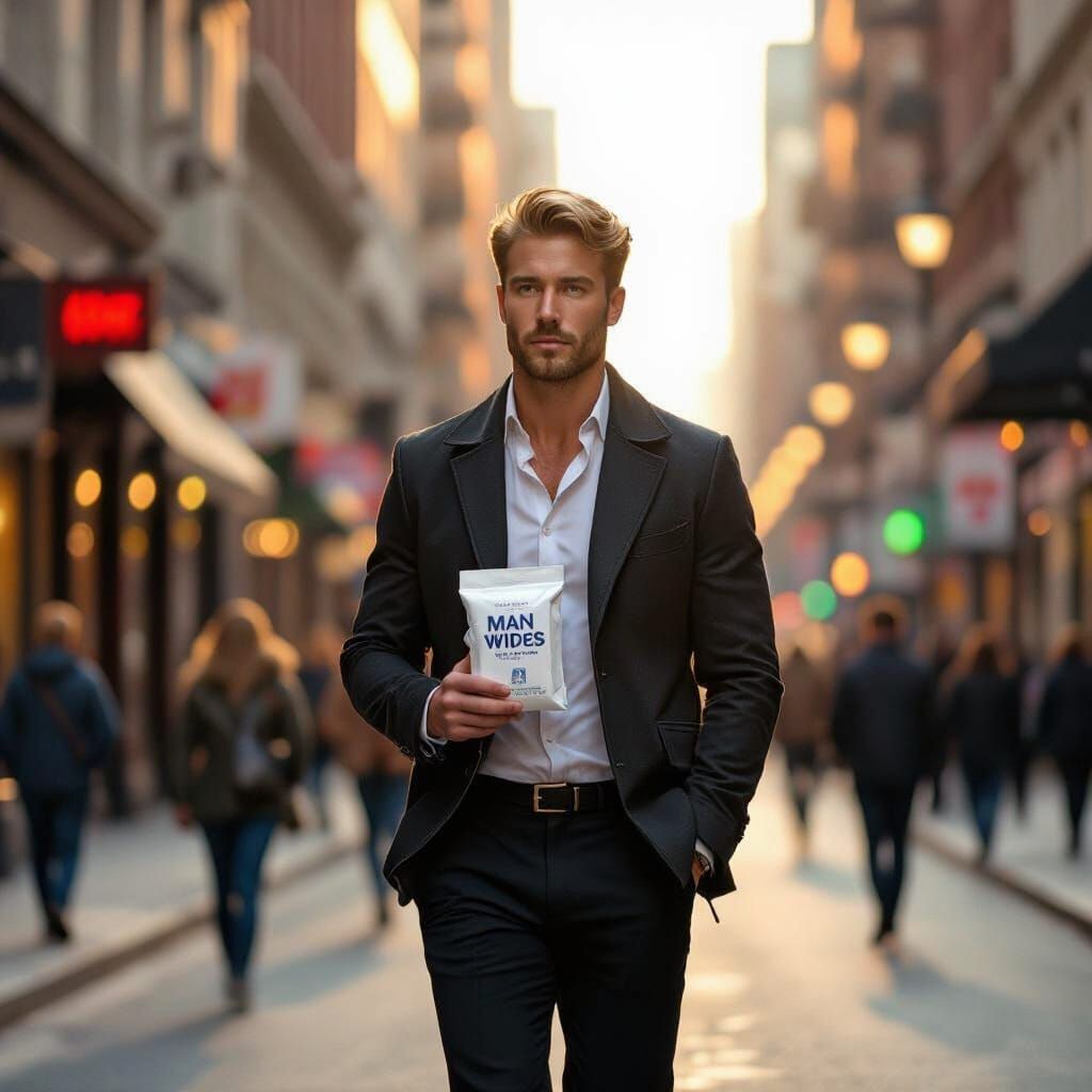 Handsome Blonde Man Walks Down City Street Holding Man Wipes...